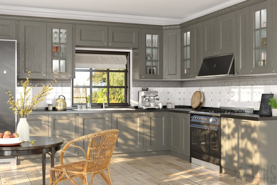 Серая кухня с белой столешницей