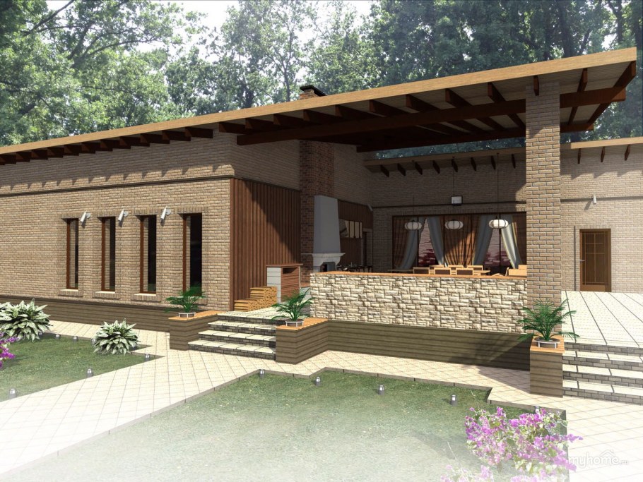 Проект кирпичной бани с террасой и барбекю