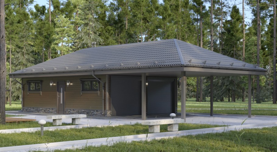 Гараж с вальмовой крышей и навесом