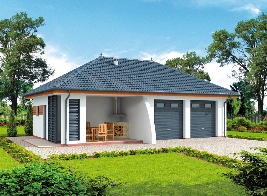 Гараж с четырехскатной крышей и навесом