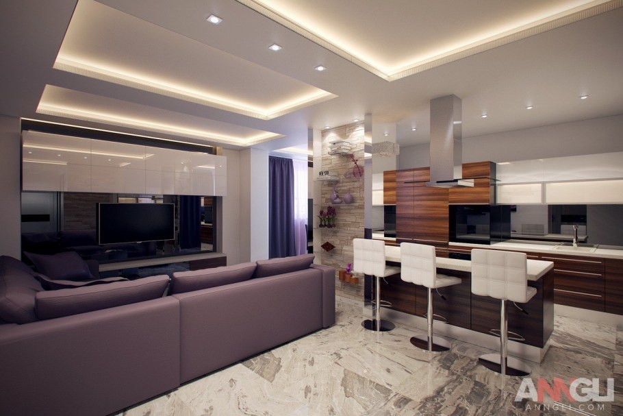 Натяжные потолки в кухне гостиной