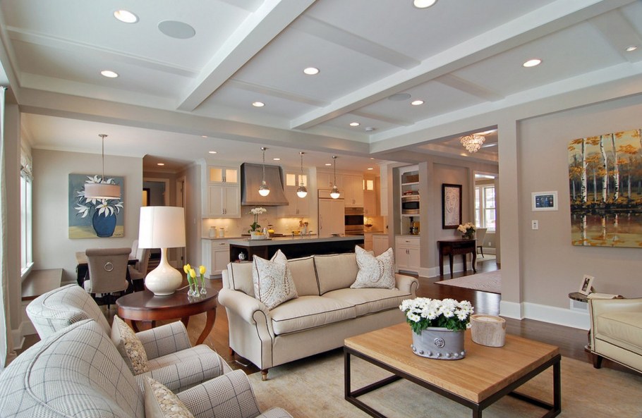 Натяжные потолки в гостиную совмещенную с кухней