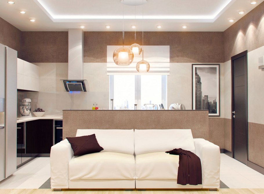 Освещение гостиной совмещенной с кухней