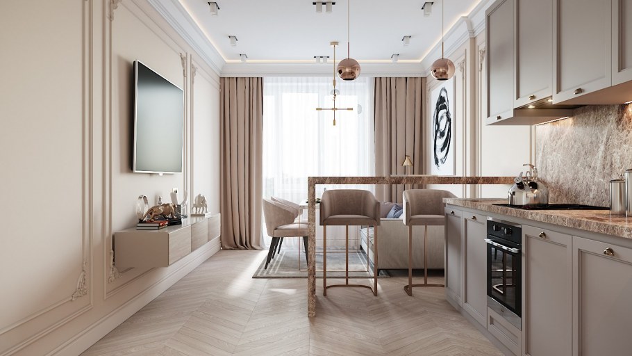 Кухня гостиная в пастельных тонах