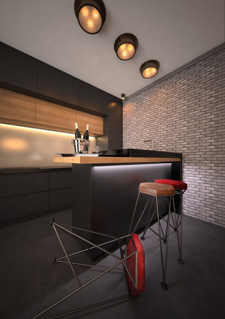 Кухня с барной стойкой у окна