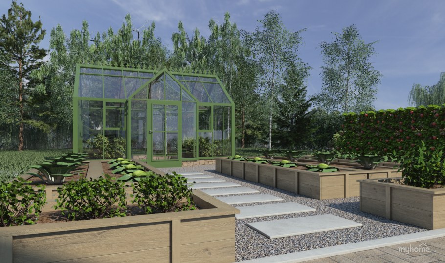 Современный огород с теплицей