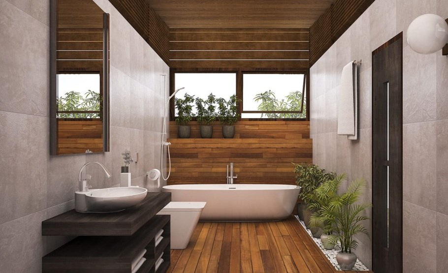 Ванная комната с деревянной отделкой
