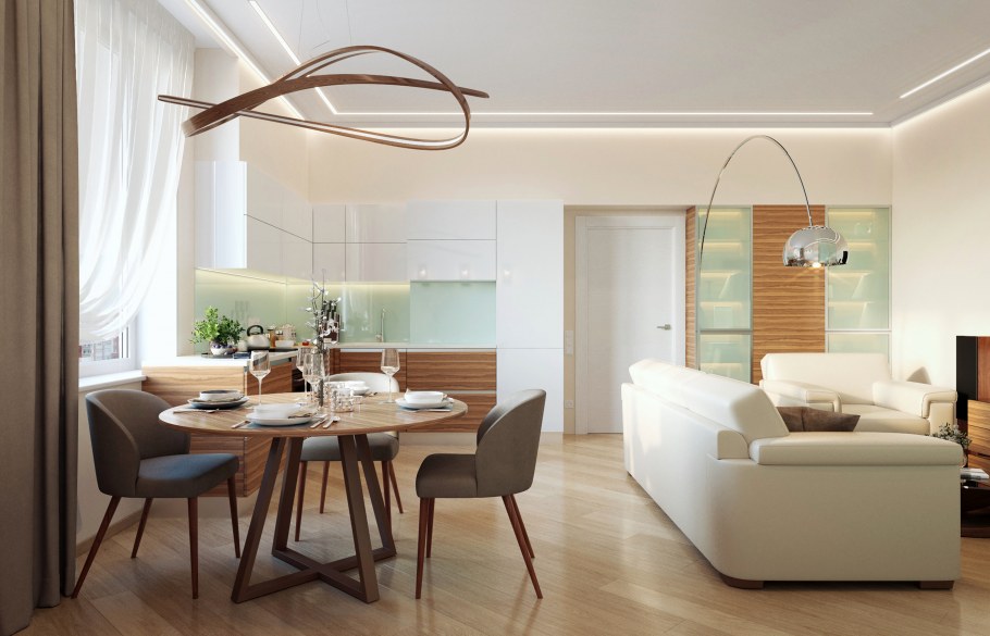 Люстры в интерьере гостиной совмещенной с кухней