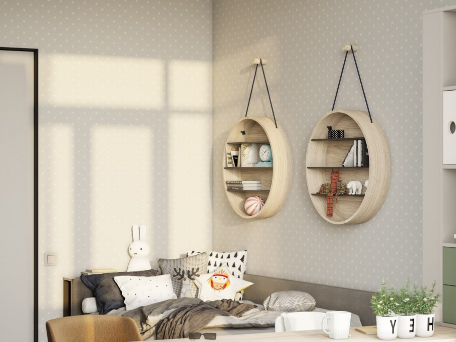 Круглые полки на стену в интерьере