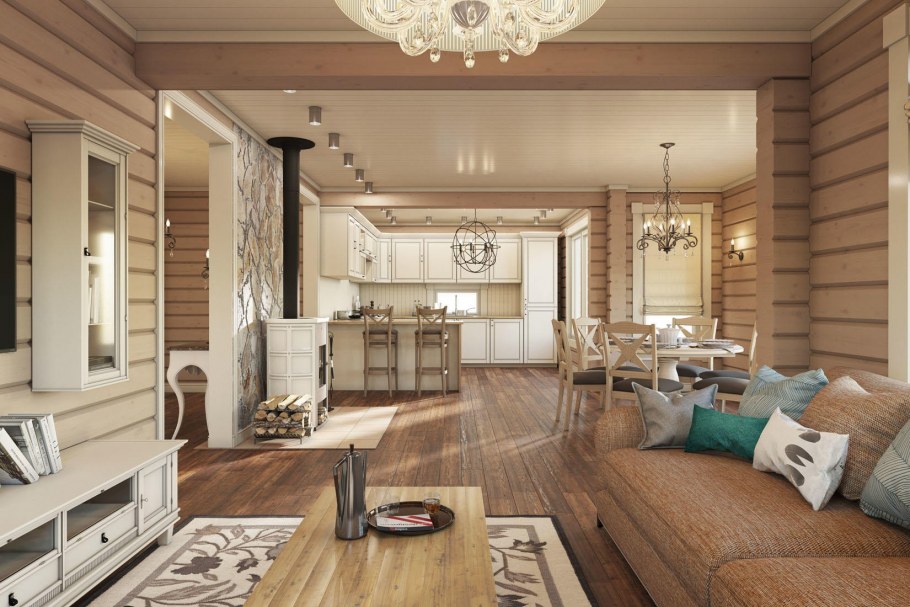 Интерьер кухни гостиной в доме из клееного бруса