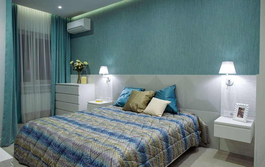 Спальня серая с бирюзой