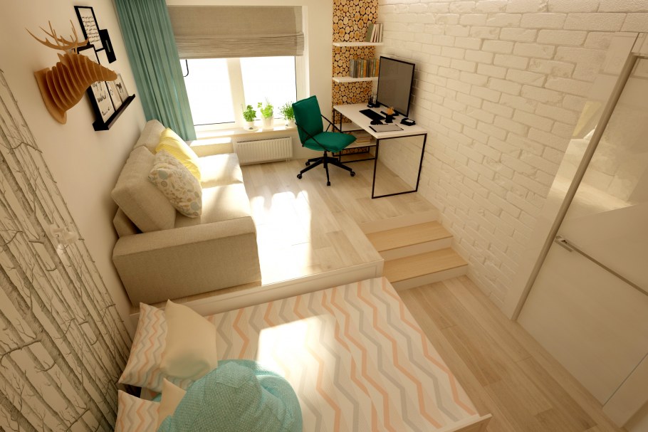 Необычный подиум в интерьере однокомнатной квартиры