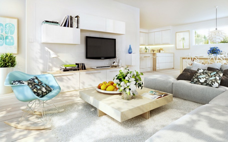 Уютная и просторная светлая гостиная