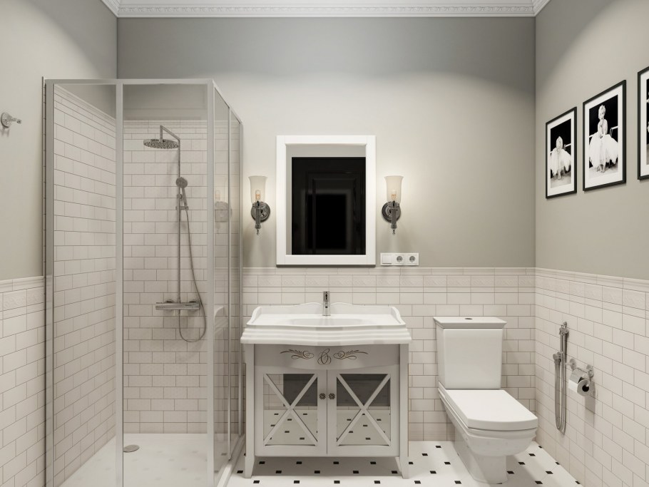 Совмещенный санузел Скандинавский стиль с душевой кабиной 3 метра