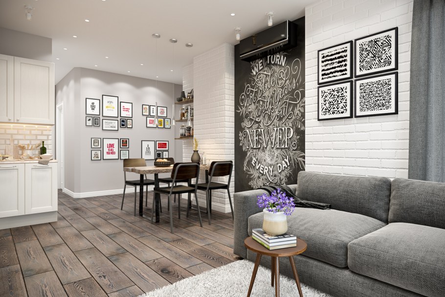 Кухня-гостиная в скандинавском стиле 60 кв.м