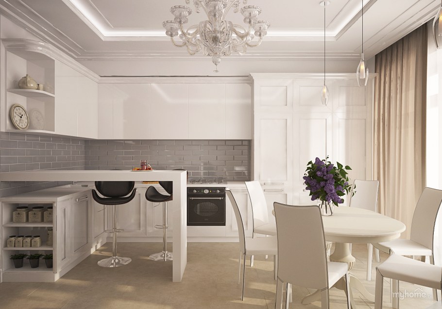Кухня гостиная Неоклассика с барной стойкой