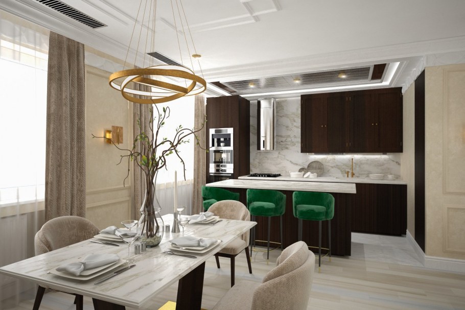 Кухня в стиле Неоклассика с барной стойкой