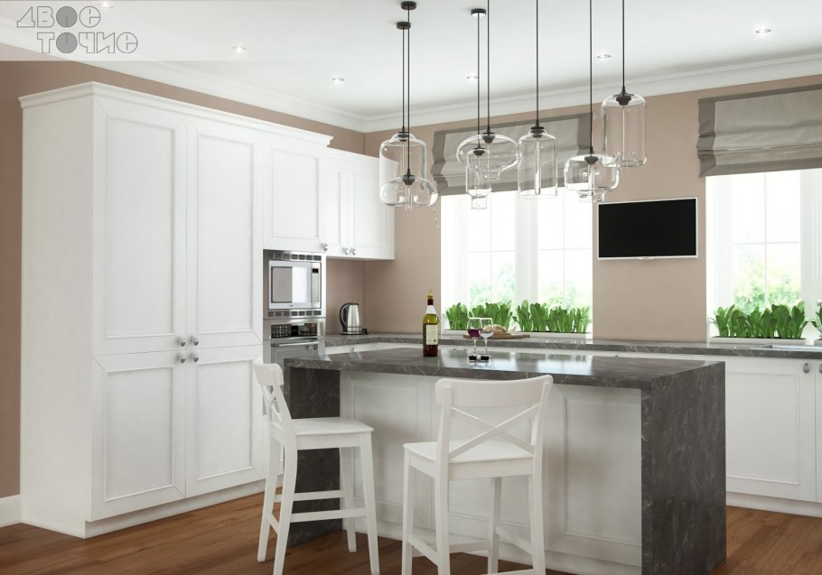 Светлая кухня с барной стойкой