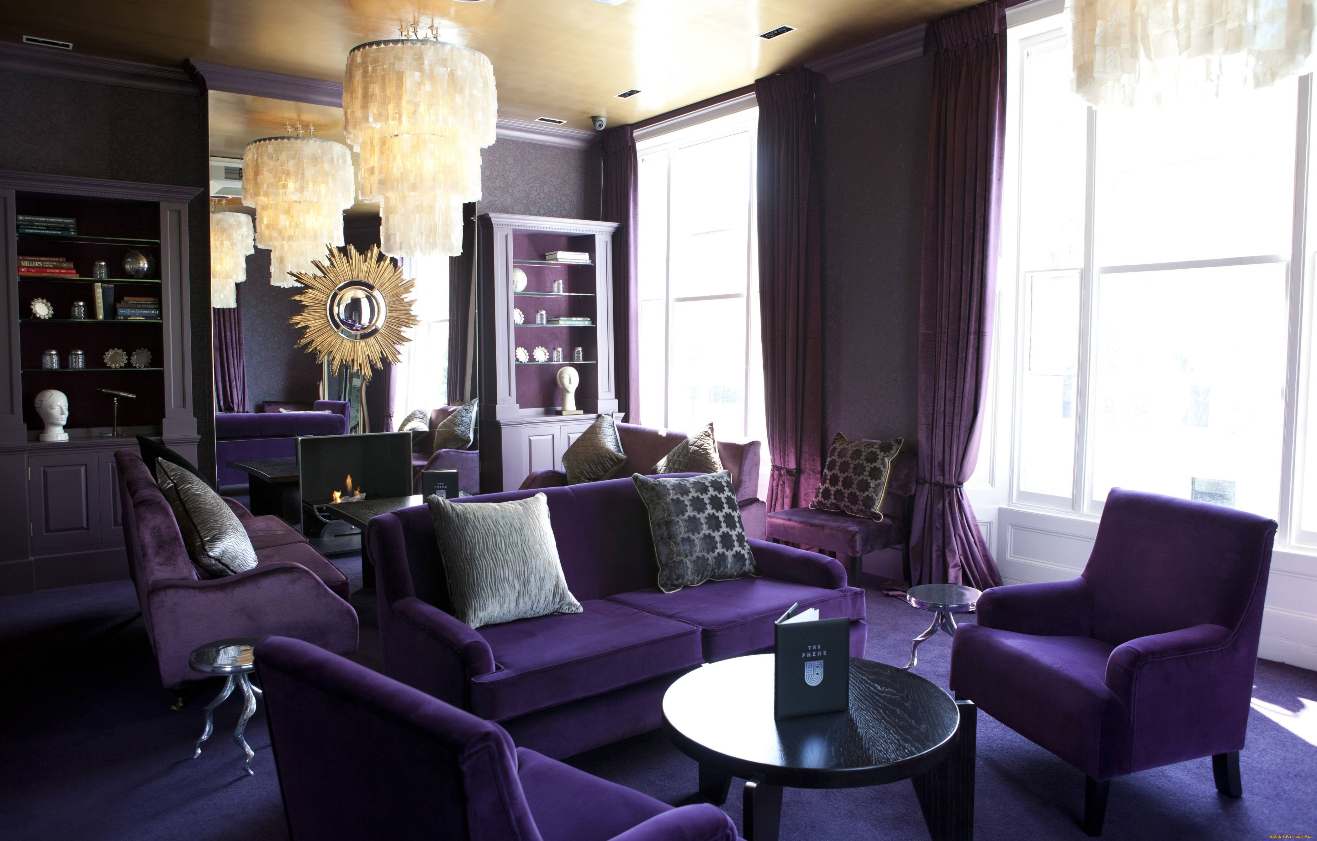 фиолетовые шторы в интерьере гостиной реальные фото