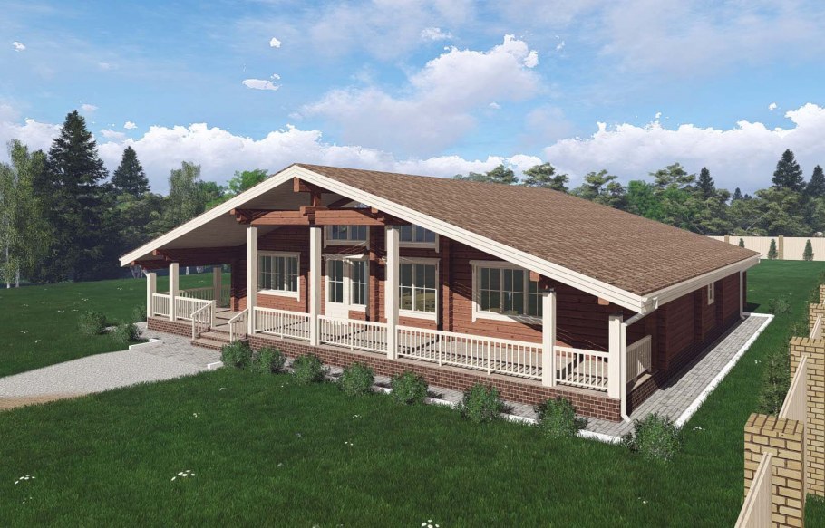 Деревянный дом с террасой под одной крышей