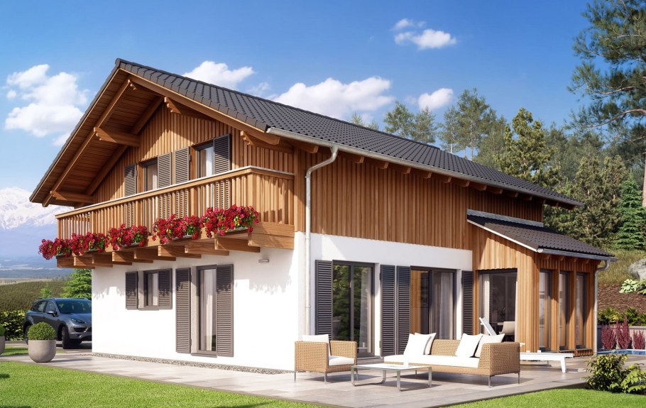 Идеи дома двускатная крыша в стиле Шале