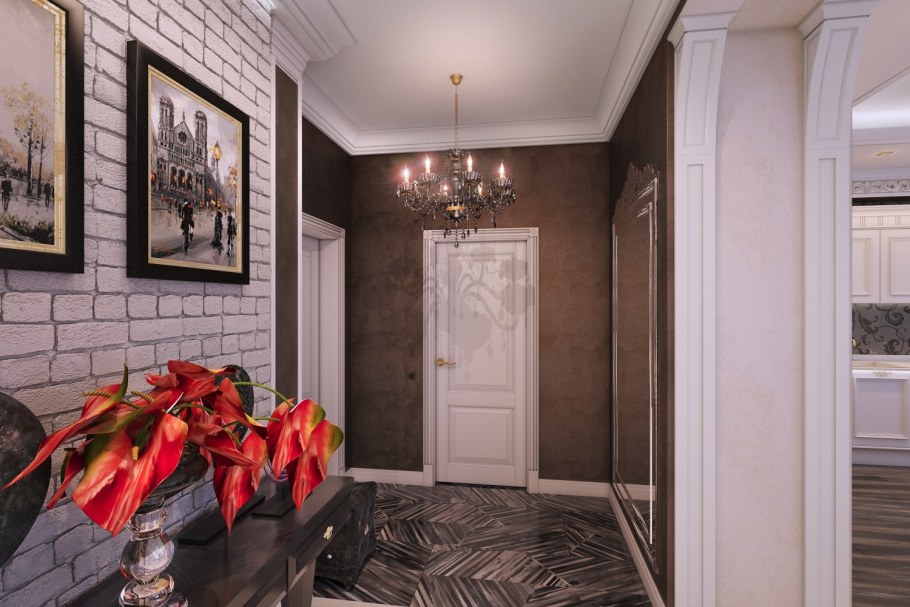 Лепнина в интерьере в коридоре кирпич