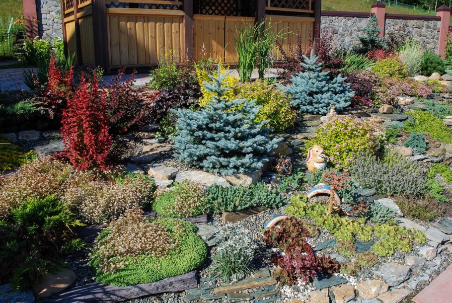 Альпийская горка с хвойниками и многолетниками