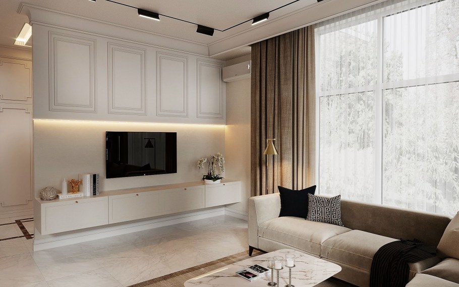 Монохромный интерьер гостиной в бежевых тонах