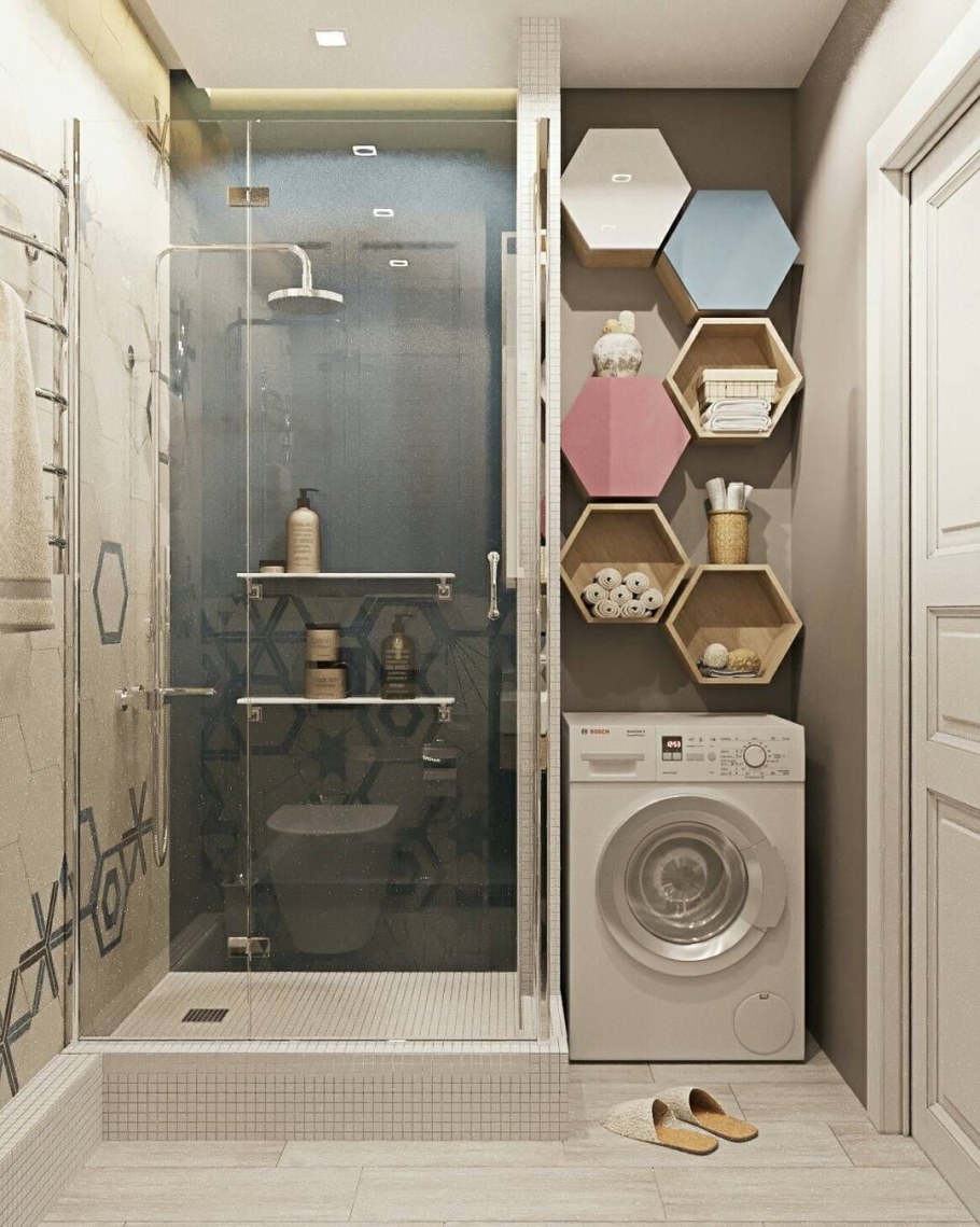 Стиральная машина в углу ванной