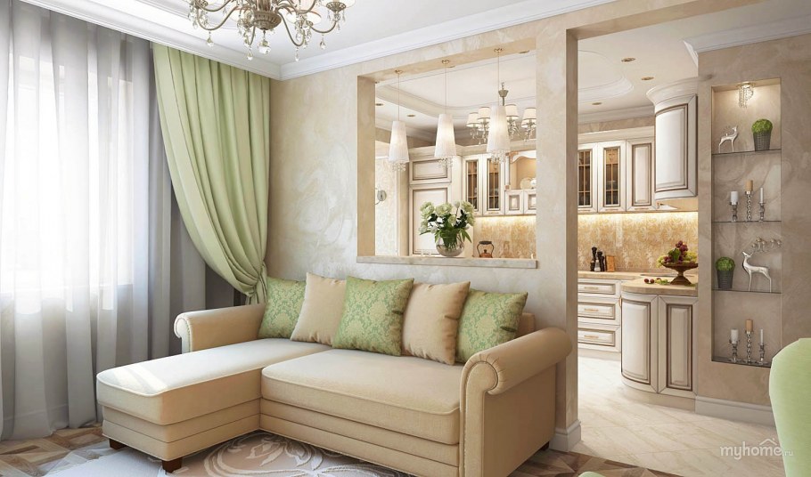 Кухня гостиная 40 кв Неоклассика