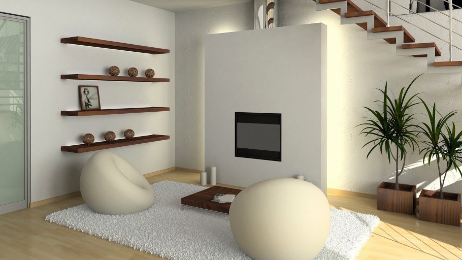 Интерьер гостиной с полками