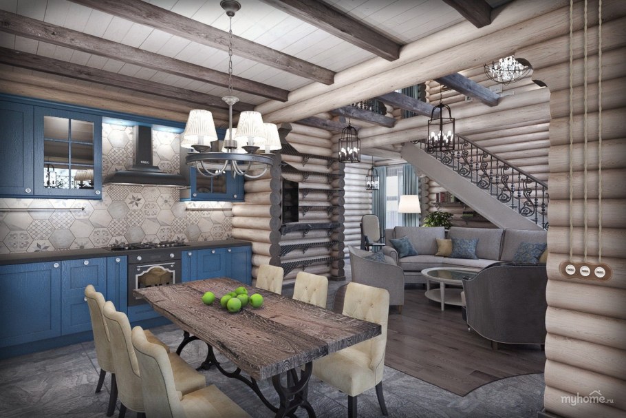 Кухня-гостиная в деревянном доме