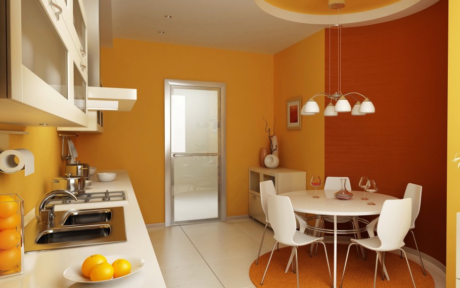 Оранжевые стены в интерьере кухни