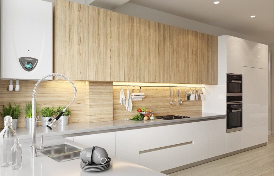 Современная кухня белая с деревом