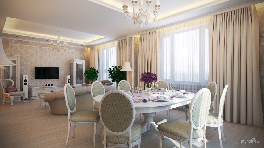 Гостиная со столовой в классическом стиле