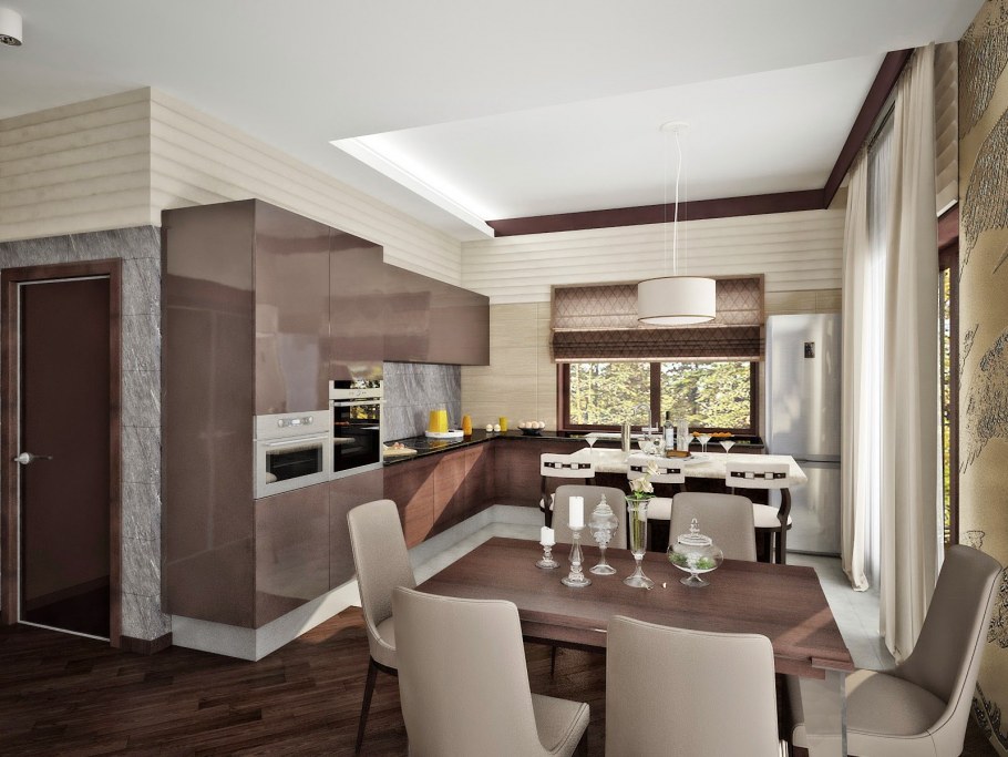 Интерьер кухни гостиной в коттедже