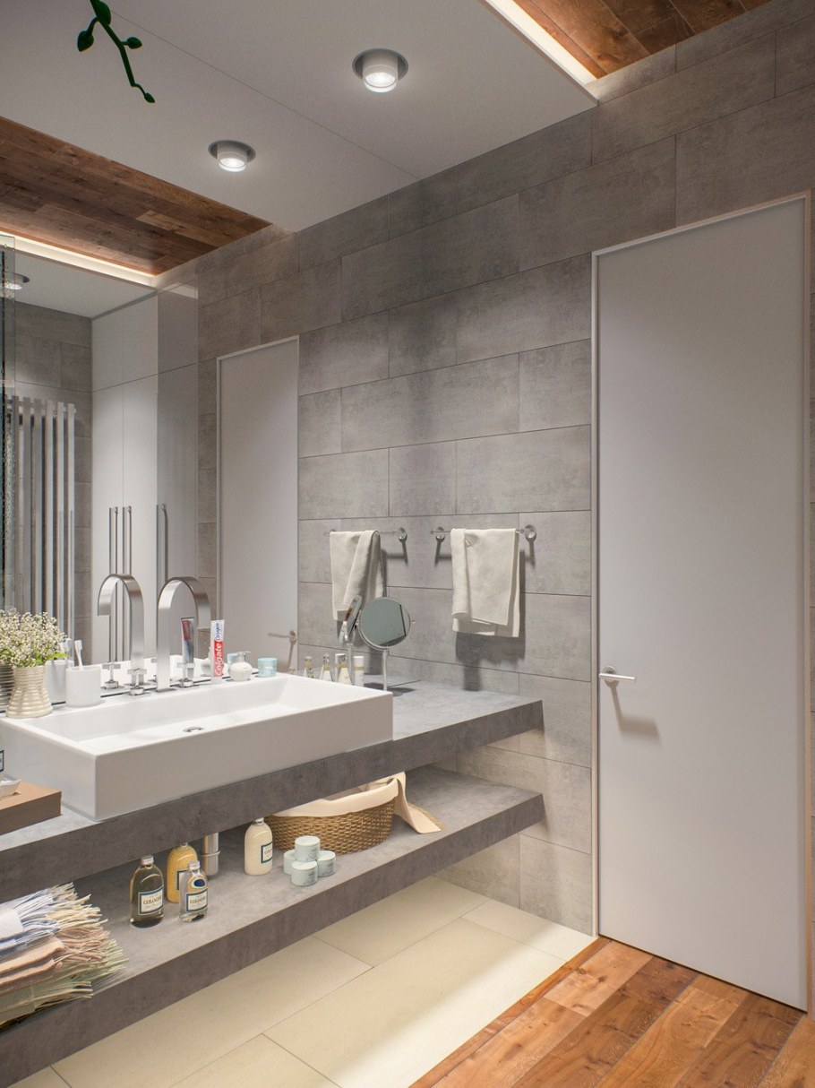 Ванная комната бетон и дерево