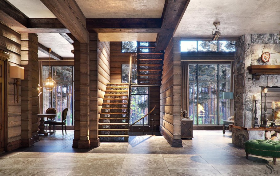 Веранда с панорамными окнами и камином