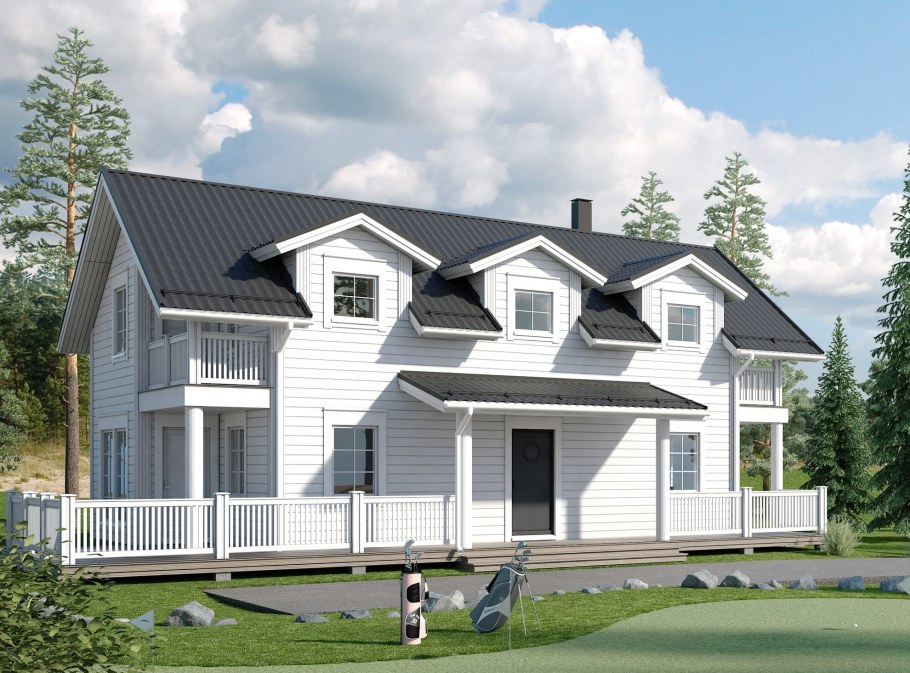 Каркасный дом с серой крышей