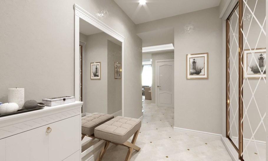 Прихожая в классическом стиле в светлых тонах