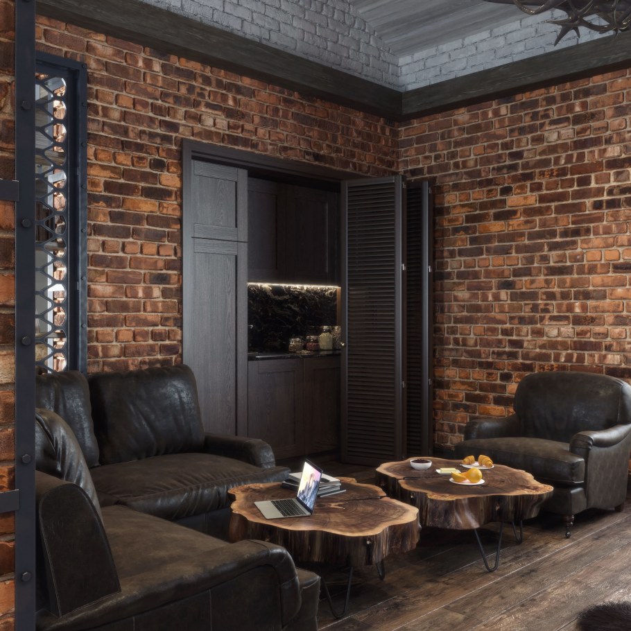 Интерьер из темного кирпича