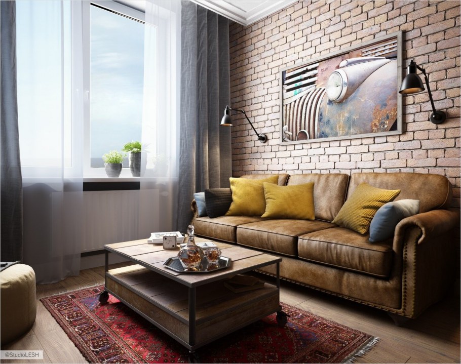 Гостиная лофт белый кирпич