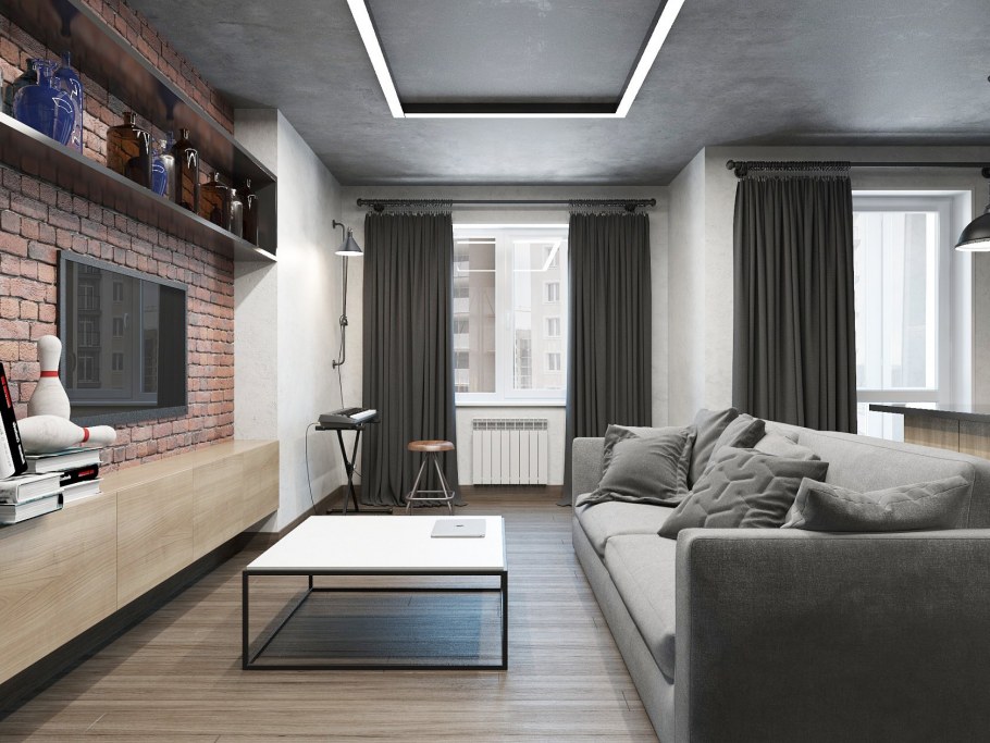 Гостиная в стиле лофт с кирпичной стеной
