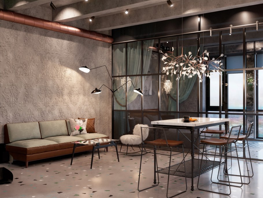 Стена из стеклоблоков в стиле лофт