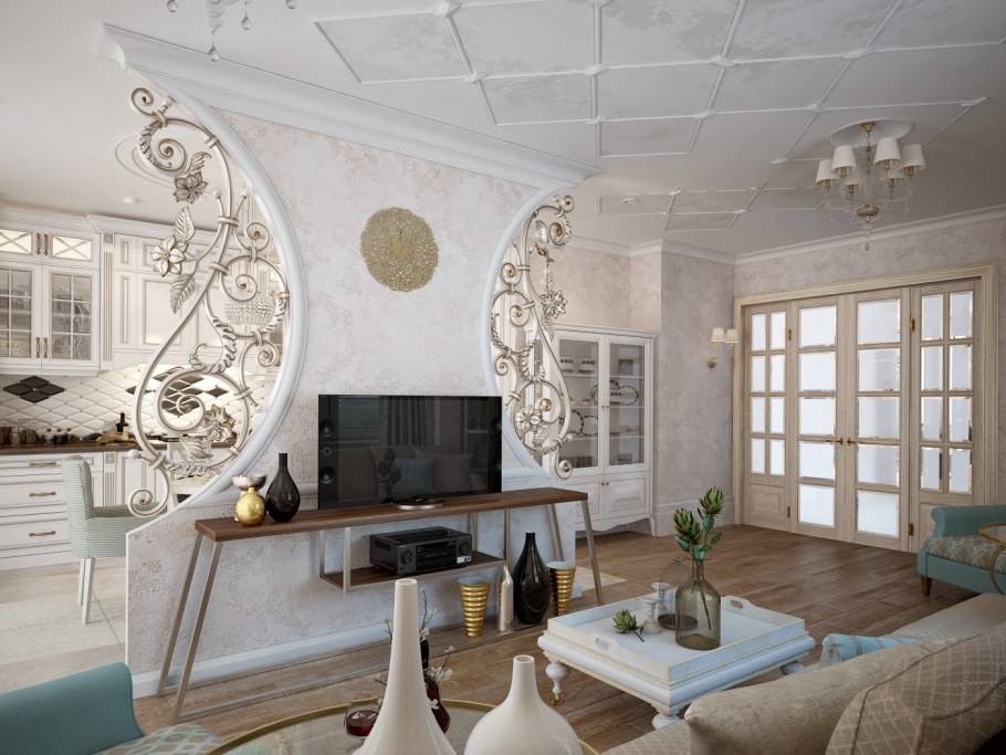 Декор перегородки между кухней и гостиной