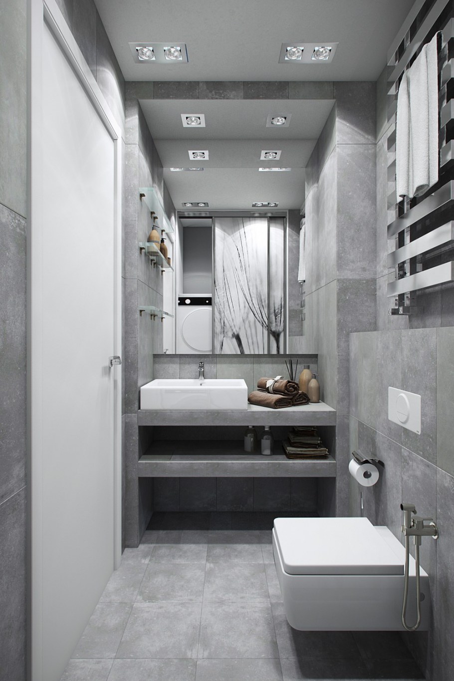 Туалет с ванной в сером цвете