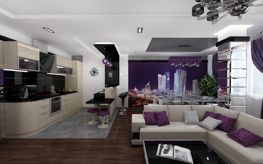 Кухня гостиная в сиреневых тонах