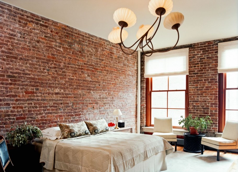 Кирпич в интерьере спальни