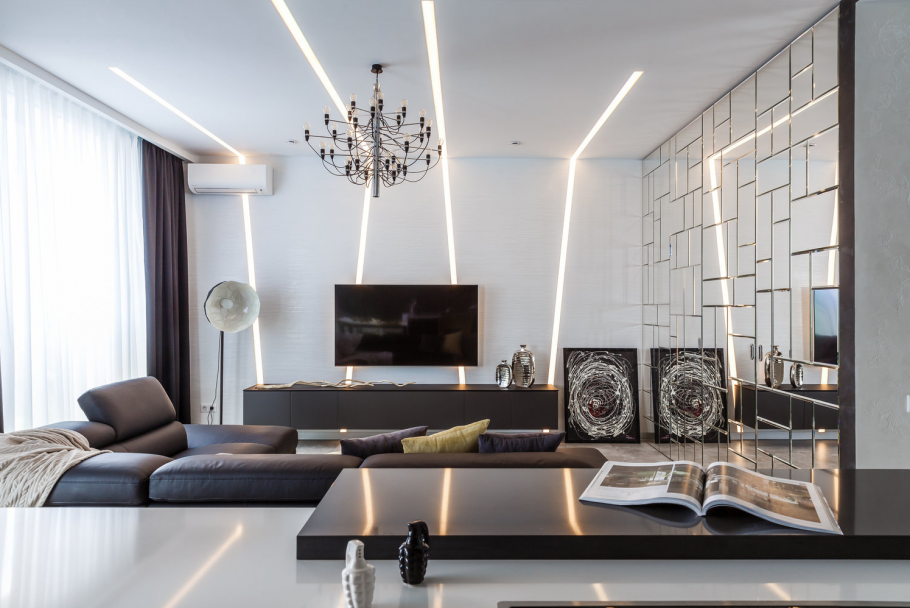 Красно-белая кухня - гостиная