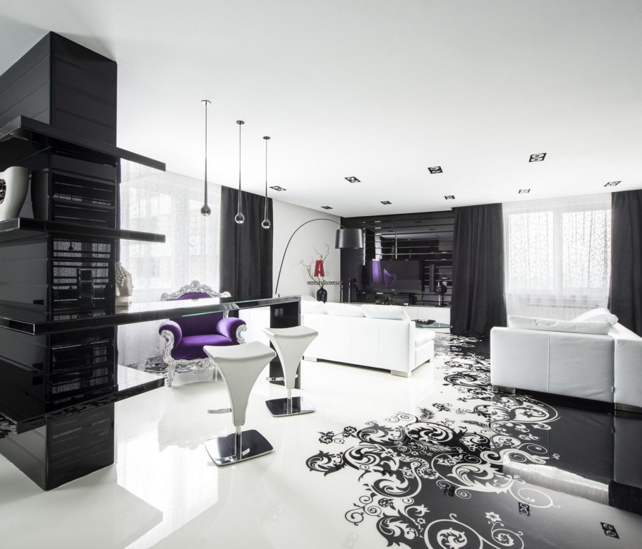 Медный в черно-белом интерьере